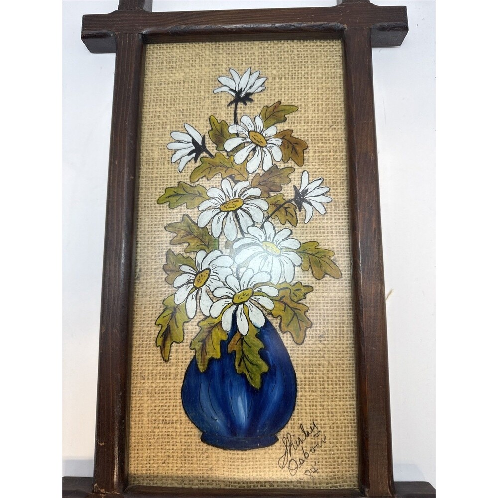 Vintage Rattan Wicker Background Reverse Hand Painted Daisies’s Blue Vase 15 In - Picture 2 of 8